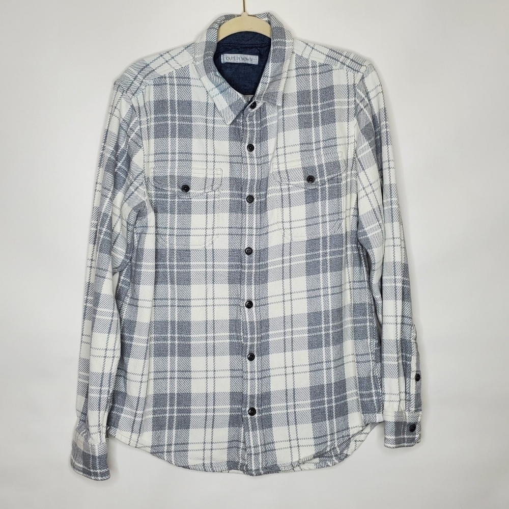 OUTERKNOWN Shirt Jacket Men's Size M Organic Cotton Plaid Shacket Pockets Grunge